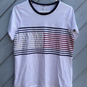 Vintage Sport Shirt Tommy Hilfiger Blue, Red, And Gray Stripes
